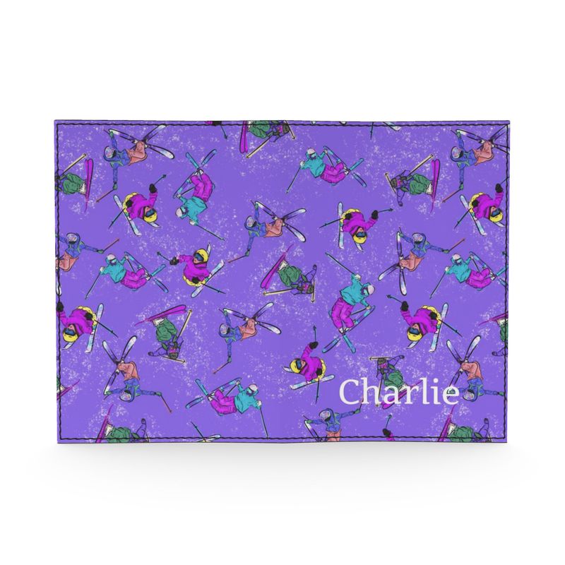 Real Leather Passport Cover Ski Skier Freestyle Snow Sports - Purple