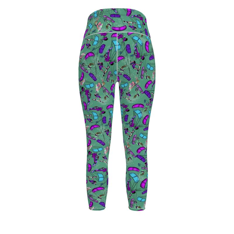 Ladies Sports Leggings Kitesurfer Girl Freestyle Jumping - Green