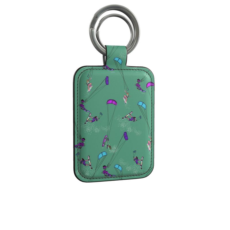 Leather Keyring Kitesurfer Girl Freestyle Jumping Blue & Green