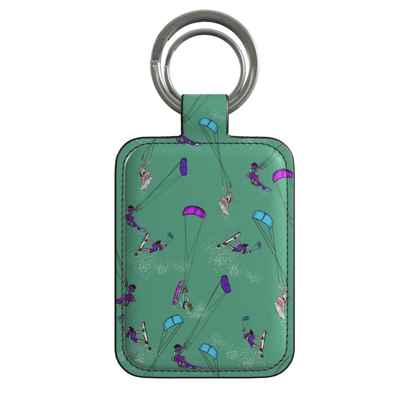 Leather Keyring Kitesurfer Girl Freestyle Jumping Blue & Green