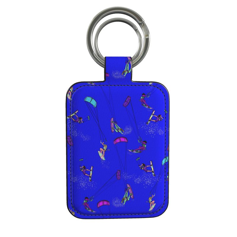 Real Leather Keyring Kitesurfer Girl Freestyle Jumping - Green & Blue