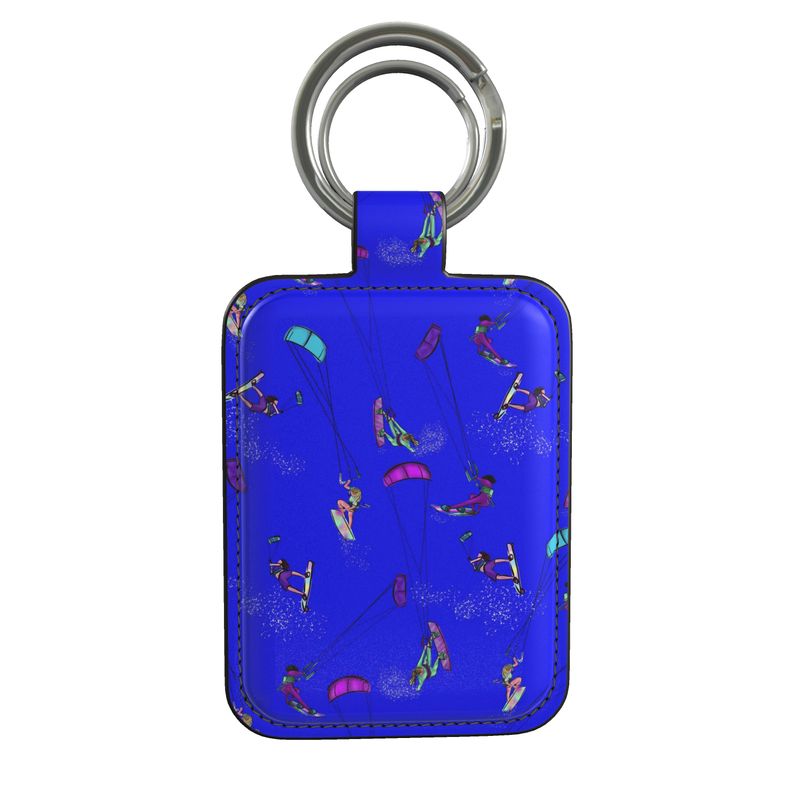 Leather Keyring Kitesurfer Girl Freestyle Jumping Blue & Green