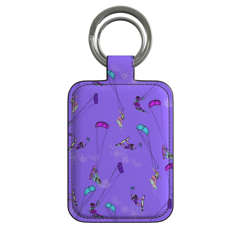 Leather Keyring Kitesurfer Girl Freestyle Jumping - Purple & Orange