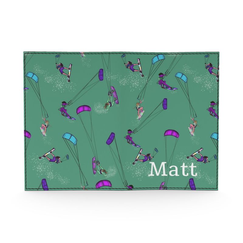 Leather Passport Cover Kitesurfer Girl Freestyle Jumping - Green