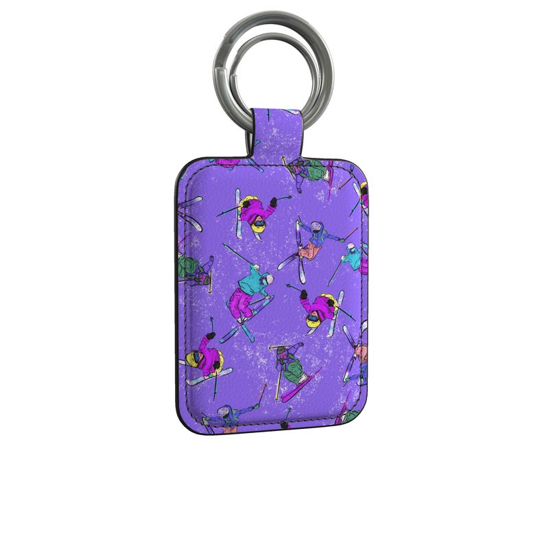 Real Leather Keyring Ski Skier Freestyle Snow Sports - Purple & Orange