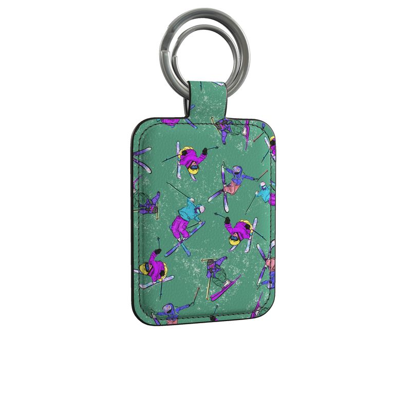 Real Leather Keyring Ski Skier Freestyle Snow Sports - Blue & Green