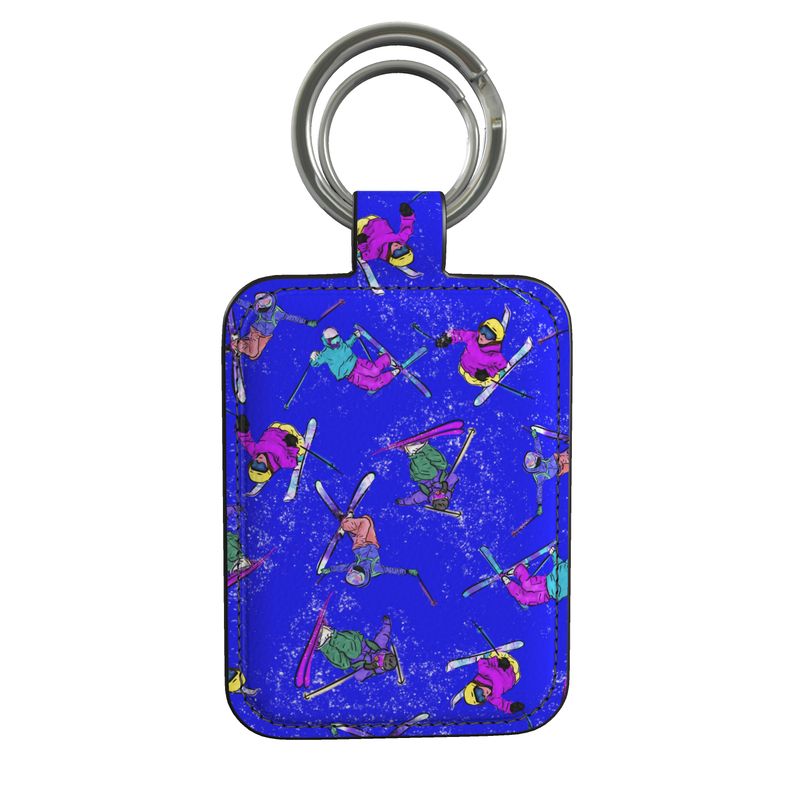 Real Leather Keyring Ski Skier Freestyle Snow Sports - Blue & Green