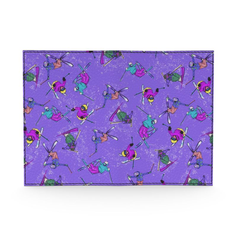 Real Leather Passport Cover Ski Skier Freestyle Snow Sports - Purple