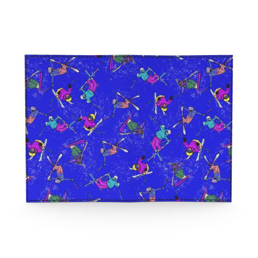 Real Leather Passport Cover Ski Skier Freestyle Snow Sports - Blue