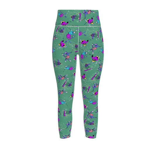 Ladies Flex Sports Lycra High Waisted Leggings Ski Skier - Green